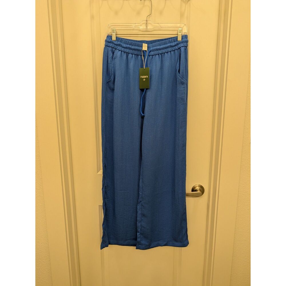 NWT Halara Blue Wide Leg Pants Medium Pull On Drawstring Casual Pocket